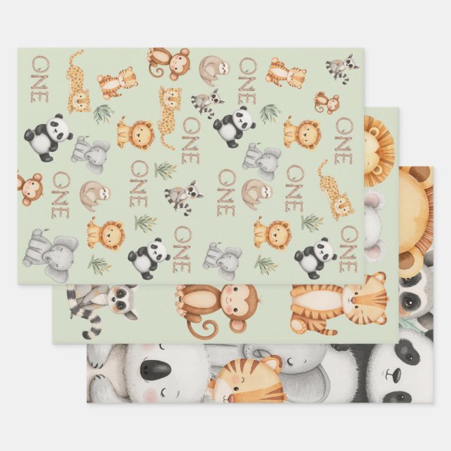 Feuille De Papier Cadeau Pastel Tropical Wild One Jungle Safari Animaux (Lot)