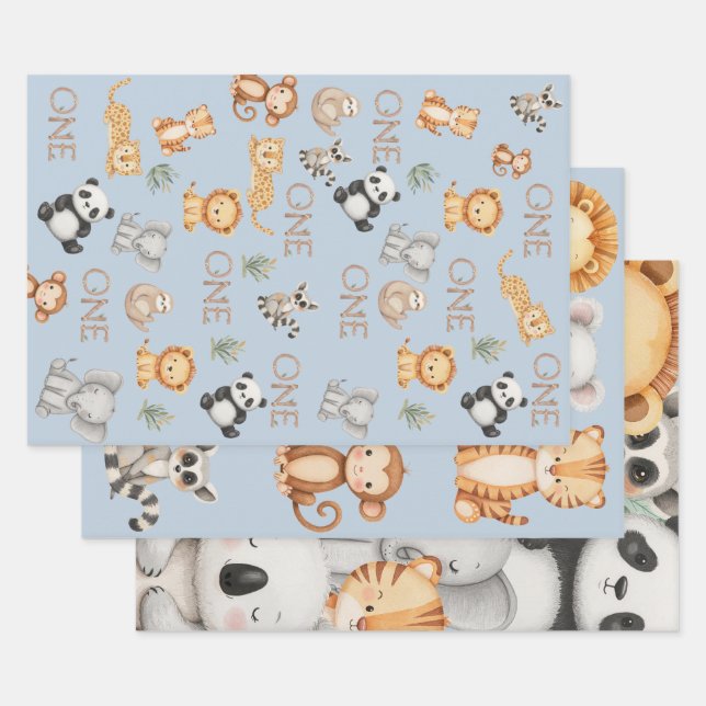 Feuille De Papier Cadeau Pastel Tropical Wild One Jungle Safari Animaux (Lot)