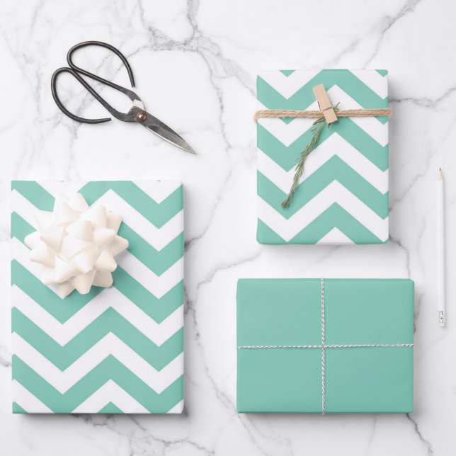 Feuille De Papier Cadeau Pastel Turquoise & Blanc Chevron Mariage Anniversa (Recto)