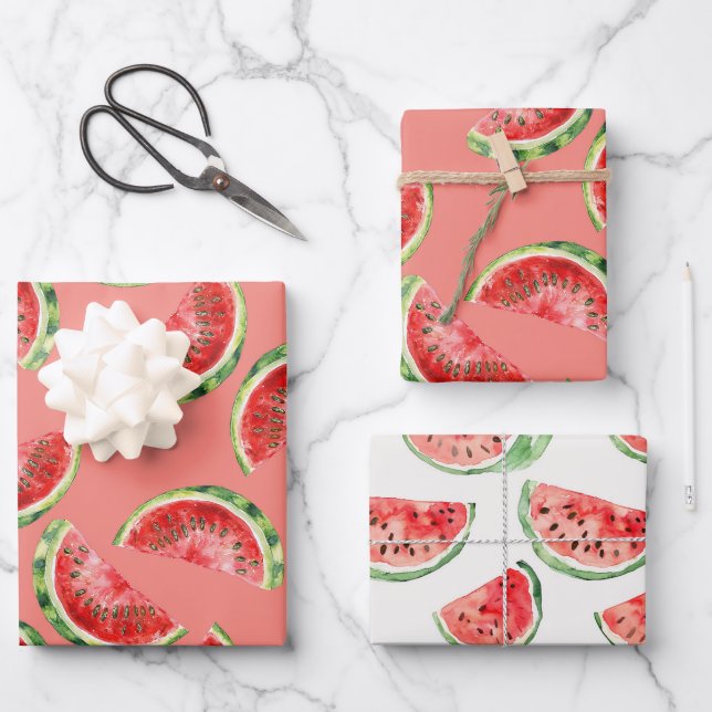 Feuille De Papier Cadeau Pastèque Rose Rouge Vert Anniversaire (Recto)