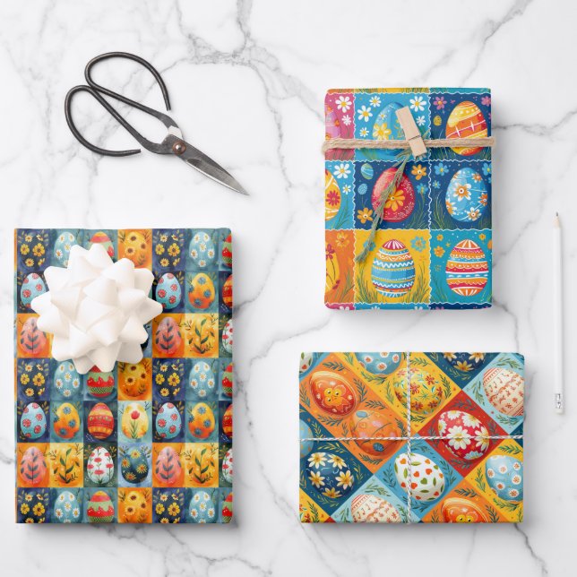 Feuille De Papier Cadeau Patchwork d'oeufs de Pâques : Art de Vacances colo (Recto)