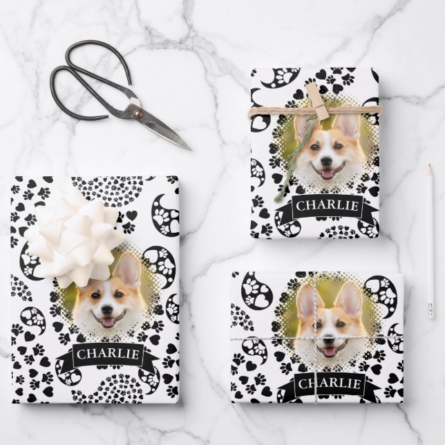 Feuille De Papier Cadeau Pâtes De Chien Noir Et Blanc Et Coeurs Paisley Imp (Recto)