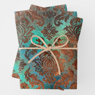 Feuille De Papier Cadeau Patina de cuivre dépoli Damas