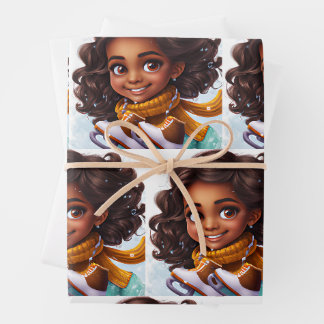 Feuille De Papier Cadeau Patinage Brown fille de peau dans la neige