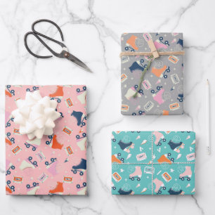 Feuille De Papier Cadeau Patins à roulettes rétro et cassettes audio