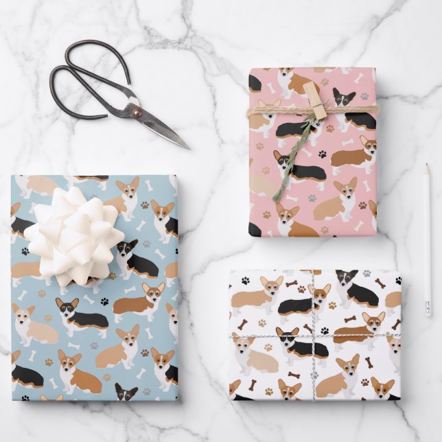 Feuille De Papier Cadeau Patrouilles et os de Chiens de Corgi (Recto)