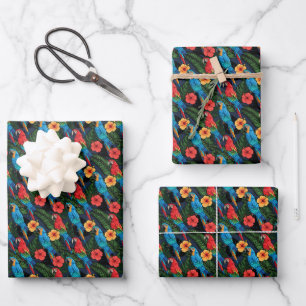 Feuille De Papier Cadeau Patters de Macaw et Hibiscus
