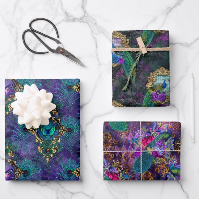 Feuille De Papier Cadeau Patters vibrant Illustrated Peacock (Recto)