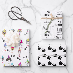 Feuille De Papier Cadeau Pawty mignon Chiens de fête d'anniversaire Nom per