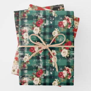 Feuille De Papier Cadeau Pays Noël Plaid Florals Distorsion