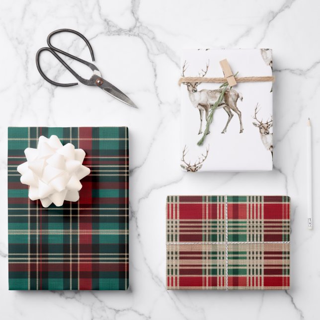 Feuille De Papier Cadeau Pays Red Green Plaid Christmas Deer (Recto)