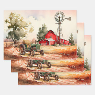 Feuille De Papier Cadeau Paysage de ferme avec grange rouge et tracteur déc