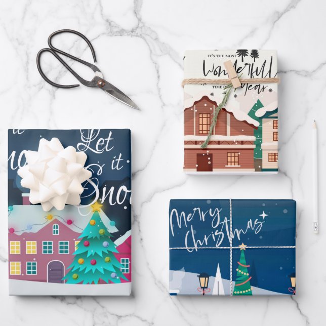 Feuille De Papier Cadeau Paysage de Noël Joyeux Citation de Noël (Recto)