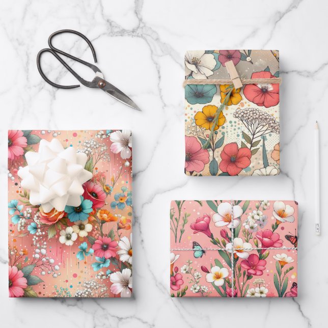 Feuille De Papier Cadeau Paysage fleuri rose 3 (Recto)