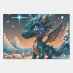Feuille De Papier Cadeau Paysage hivernal de Chibi Dragon mystique