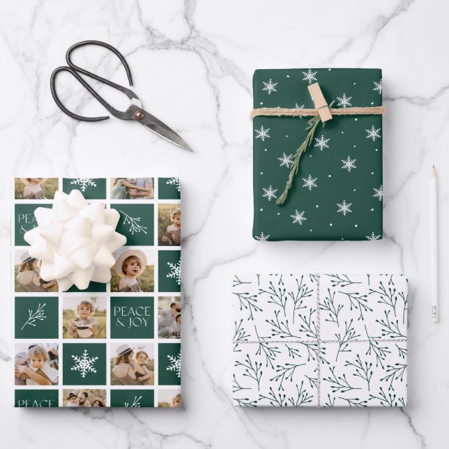 Feuille De Papier Cadeau Peace and Joy Dark Green Holiday Photo Collage (Recto)
