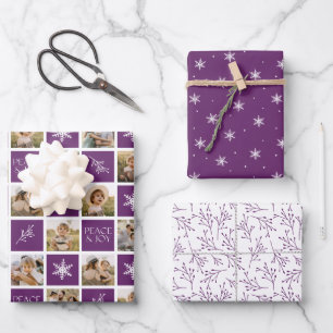 Feuille De Papier Cadeau Peace and Joy Purple Holiday Photo Collage