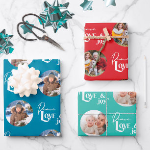 Feuille De Papier Cadeau Peace Love and Joy Round Photos Set de 3