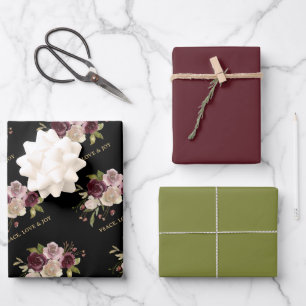 Feuille De Papier Cadeau Peace Love and Joy Winter Bouquet Black Holiday