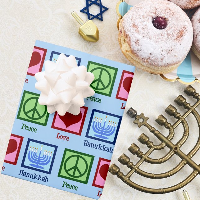 Feuille De Papier Cadeau Peace Love Hanoukka Motif Light Blue Chanukah (Créateur téléchargé)