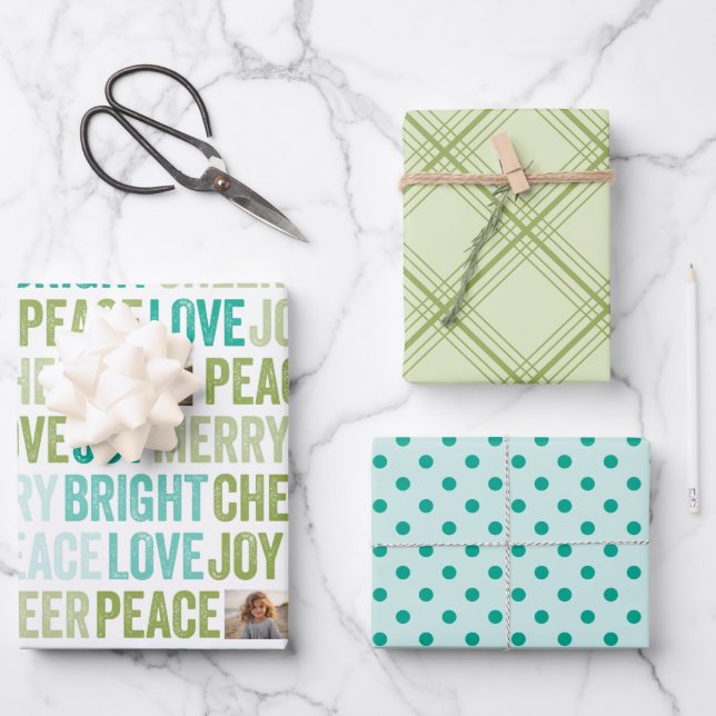Feuille De Papier Cadeau Peace Love Joy Bright Merry Cheer 1 motifs photo (Recto)