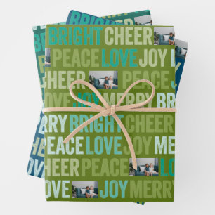 Feuille De Papier Cadeau Peace Love Joy Bright Merry Cheer avec 1 Photo