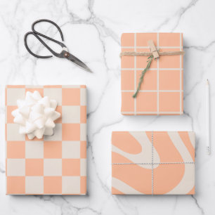 Feuille De Papier Cadeau Peach Pastel Minimaliste Chèque Ligne Motifs