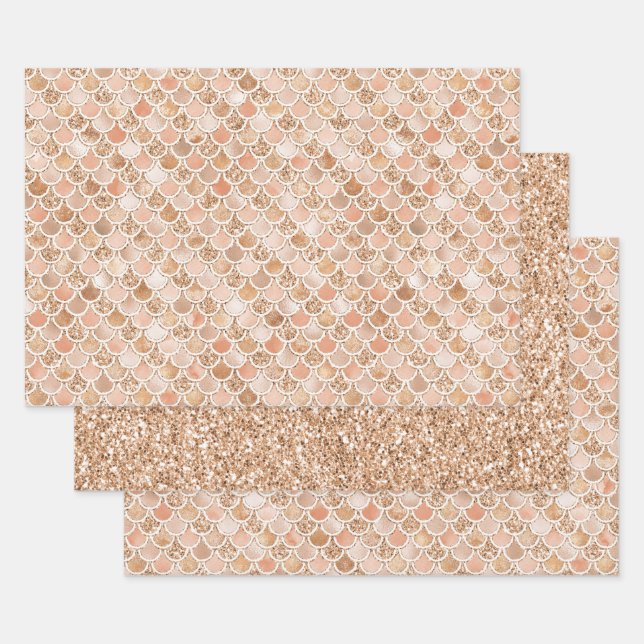 Feuille De Papier Cadeau Peach Rose Blush Gold Parties scintillant Sirène (Lot)