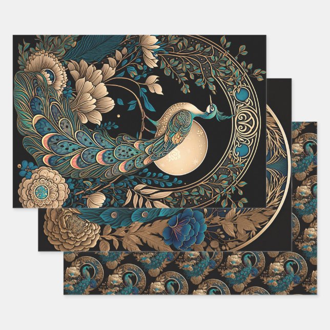 Feuille De Papier Cadeau Peacock Art Déco (Lot)