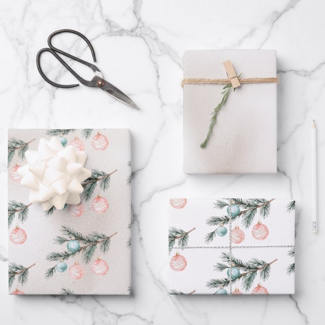 Feuille De Papier Cadeau Pearl Aqua Pink Christmas Tree Branch Ornements (Recto)
