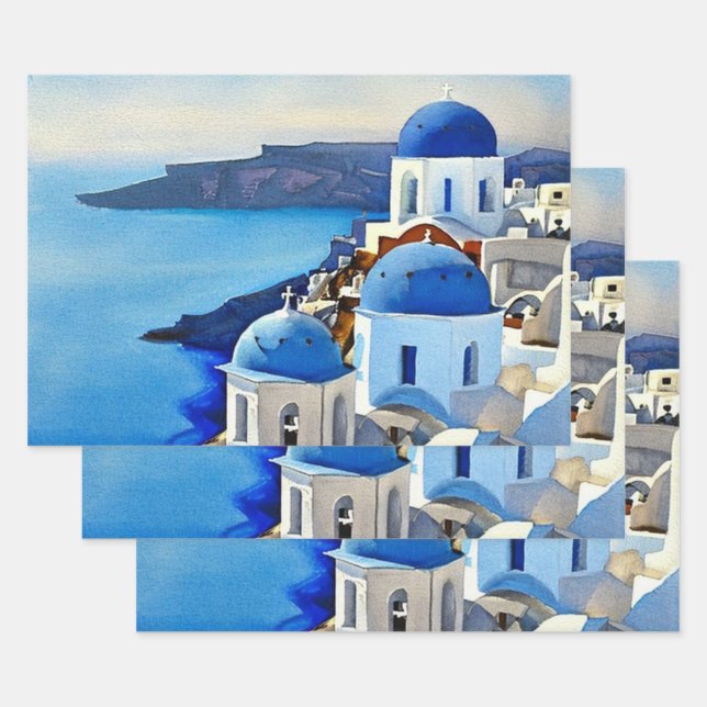 Feuille De Papier Cadeau Peinture aquarelle de Santorin Grèce (Lot)