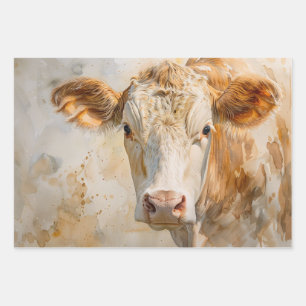 Feuille De Papier Cadeau Peinture aquarelle Portrait de vache Découpage