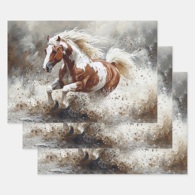 Feuille De Papier Cadeau Peinture Cheval Traversant La Découpage De L'Eau (Lot)