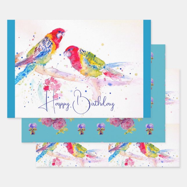 Feuille De Papier Cadeau Peinture d'aquarelle rouge Rosella Parrot Turquois (Lot)