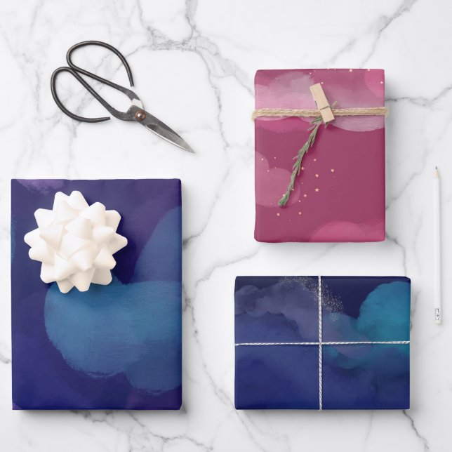 Feuille De Papier Cadeau peinture de galaxie Abstraite aquarelle rose bleu  (Recto)