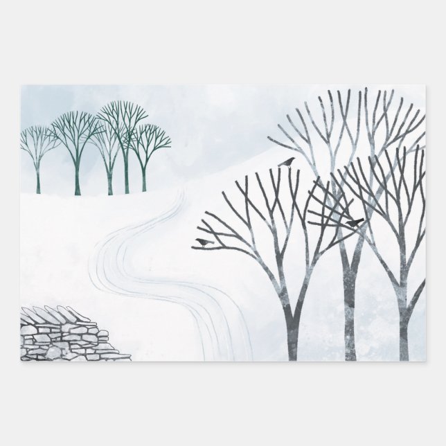 Feuille De Papier Cadeau Peinture du paysage de neige en hiver (Devant)