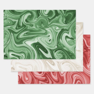 Feuille De Papier Cadeau Peinture marbrée Couleurs de Noël Rouge Vert Champ