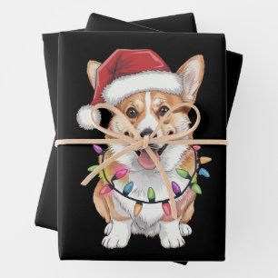 Feuille De Papier Cadeau Pembroke Welsh Corgi Père Noël Lumières de l'arbre