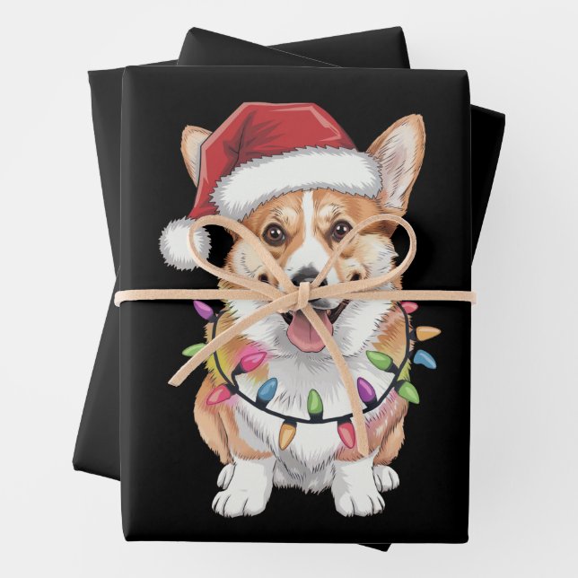 Feuille De Papier Cadeau Pembroke Welsh Corgi Père Noël Lumières des arbres (En situation)