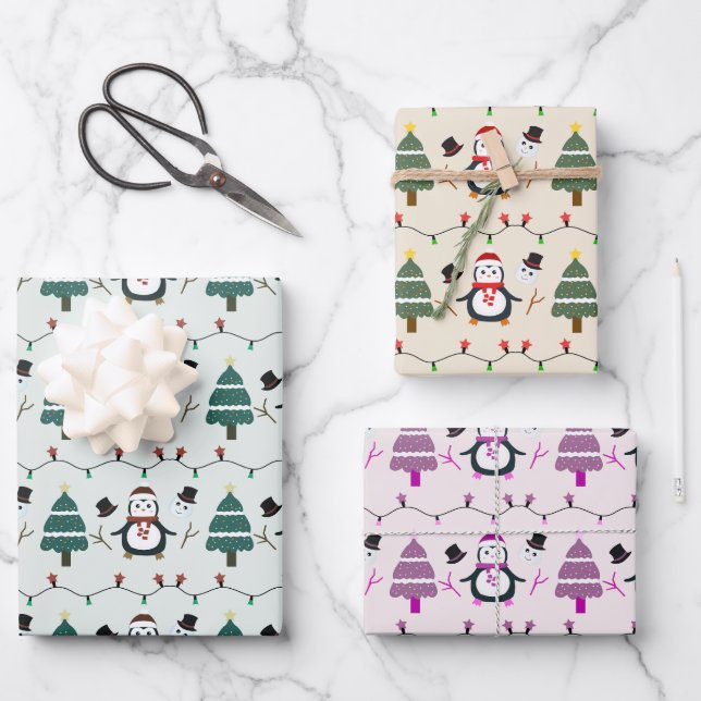 Feuille De Papier Cadeau Penguins Fêtes Lumières Noël Arbres Noël (Recto)