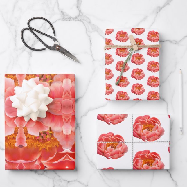 Feuille De Papier Cadeau Peonies de corail enveloppé (Recto)