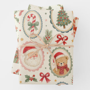 Feuille De Papier Cadeau Père Noël à l'aquarelle vintage et Noël ours en pe