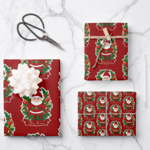 Feuille De Papier Cadeau Père Noël avec des branches de sapin -