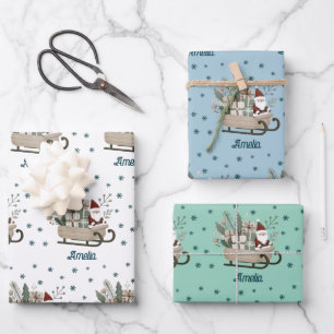 Feuille De Papier Cadeau Père Noël bohème sur traîneau avec flocons de neig