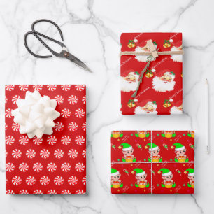 Feuille De Papier Cadeau Père Noël, bonbons à la menthe, elfe de Noël sur f