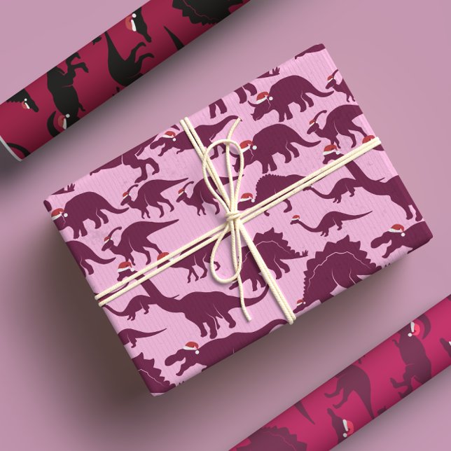 Feuille De Papier Cadeau Père Noël Dinos Fun Whimsical Red & Pink Dinosaur  (Créateur téléchargé)