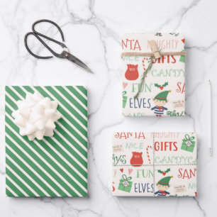 Feuille De Papier Cadeau Père Noël Elf Typographie et Stripes Enfants