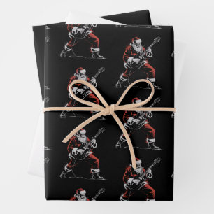 Feuille De Papier Cadeau Père Noël jouant de la guitare rétro 90s Christmas