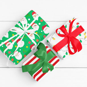 Feuille De Papier Cadeau Père Noël moderne, rayures et lumières de Noël Ver