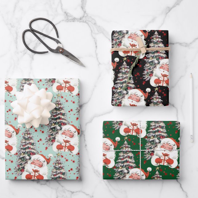 Feuille De Papier Cadeau Père Noël Rétro Aux Étoiles  (Recto)